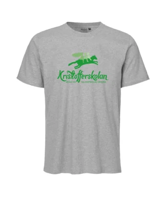 Grå t-shirt med grönt tryck av Kristofferskolans logotyp – tre personer rider på en häst ovanför texten “Kristofferskolan”